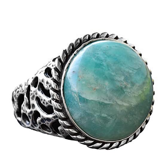 Natural Amazonite Round Stone Ring, Silver Men's Ring