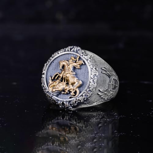 KAMBO 925 Sterling Silver St George and Dragon Men's Ring – Handcrafted Medieval Knight Signet Ring – Solid Silver Artis