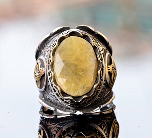KAMBO Handcrafted Men's Ring with Genuine Yellow Sapphire - Intricate 925 Sterling Silver Ottoman Seal Signet Design - U