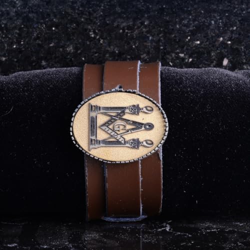 KAMBO Genuine Leather Cuff Bracelet for Men, Masonic Medallion in 925 Sterling Silver Frame, Handmade Wide Wristband, Ad