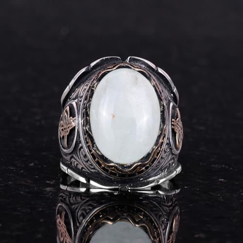 KAMBO Natural Cabochon Aquamarine Gemstone Ring, Ottoman Empire Tugra Silver Design, Serene 925K Solid Sterling Silver M