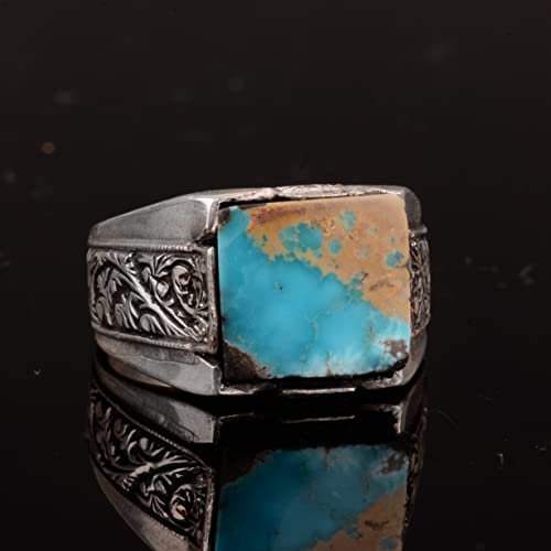 KAMBO Handmade Vintage Men's Ring in 925 Sterling Silver with Genuine Arizona Turquoise Stone, Style-2 Statement Jewelry
