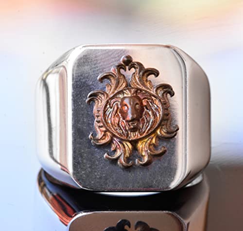KAMBO Sterling Silver Signet Ring for Men, Handmade 925 Sterling Silver Lion Animal Motif, Vintage Statement Ring
