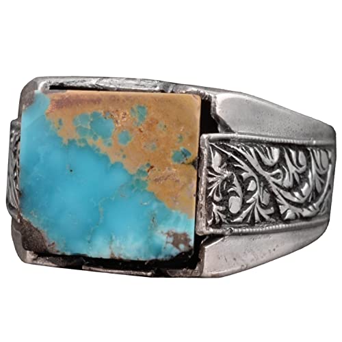 KAMBO Handmade Vintage Men's Ring in 925 Sterling Silver with Genuine Arizona Turquoise Stone, Style-2 Statement Jewelry
