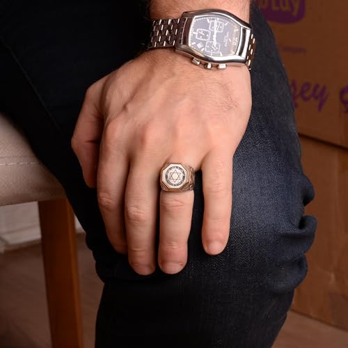 KAMBO Handmade Men's 925 Sterling Silver Solomon's Seal Ring - Vintage Star of David Jewish Motif Statement Ring, Sterli
