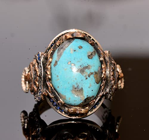 KAMBO Handmade 925 Sterling Silver Men's Ring with Genuine Natural Arizona Turquoise Gemstone Lion Design Vintage Statem