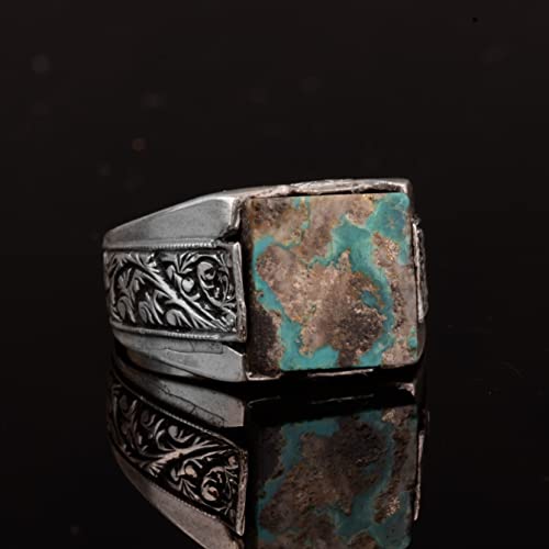 KAMBO Handmade Men's Ring in 925 Sterling Silver with Genuine Arizona Turquoise Stone, Vintage Style-3 Design, Statement