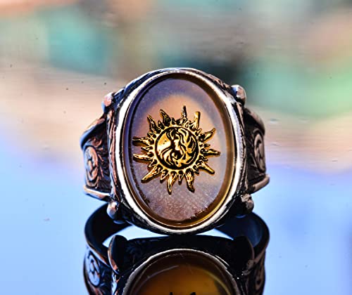 KAMBO 925 Sterling Silver Men's Ring with Yellow Agate Stone, Handmade Minimalist Sun Design, Vintage Statement Jewelry