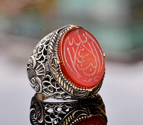 KAMBO Natural Agate Gemstone Ring Handmade 925 Sterling Silver Men's Islamic Arabic Vintage Statement Ring Elegant Gift 