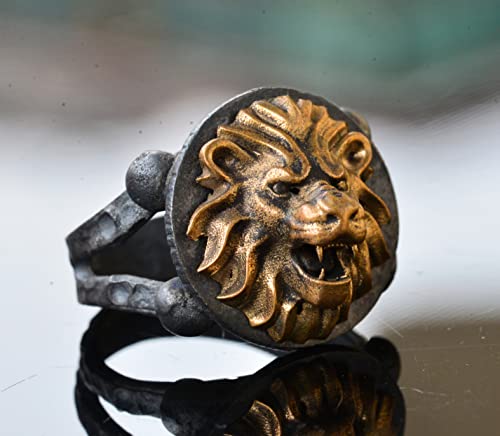 Lion Bronze Piece Men's Statement Ring, Sterling Silver Ring For Men, Handmade Ring