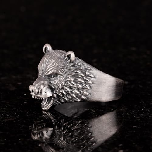 KAMBO Handmade 925 Sterling Silver Bear Head Men’s Ring - Gothic Angry Bear Design, Animal Motif Statement Jewelry, Vint