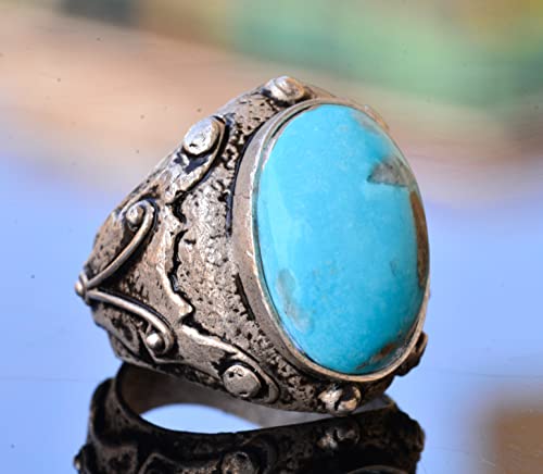 925 Sterling Silver Real Arizona Turquoise Gemstone Byzantium Men's Ring - Genuine Handmade Jewelry (Style-3)
