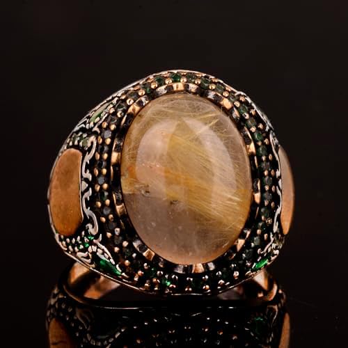 Natural Golden Rutilated Quartz Stone Ring - Silver Men's Ring — 5