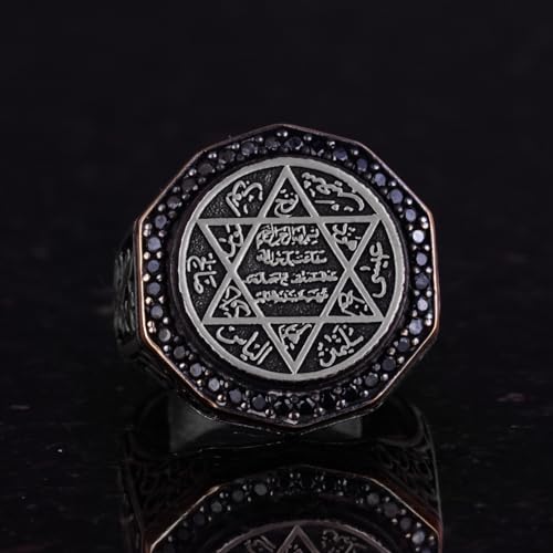 KAMBO Solomon Seal Ring Handmade 925 Sterling Silver Men’s Statement Ring with Onyx Stone and Star of David Jewish Desig