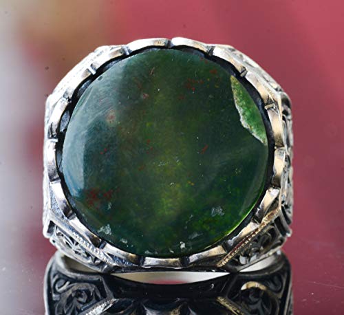 KAMBO Handmade 925 Sterling Silver Men's Ring with Natural Bloodstone Gemstone, Vintage Byzantium Round Design, Statemen