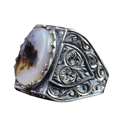 KAMBO Natural Agate 925 Sterling Silver Men's Ring with Yemeni Stone, Intricate Engraved Design, Large Bold Unique Patte
