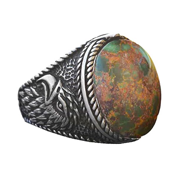 Natural Green Turquoise Hawk Design Ring - 925 Sterling Silver Handmade Men's Jewelry