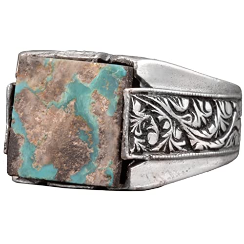 KAMBO Handmade Men's Ring in 925 Sterling Silver with Genuine Arizona Turquoise Stone, Vintage Style-3 Design, Statement