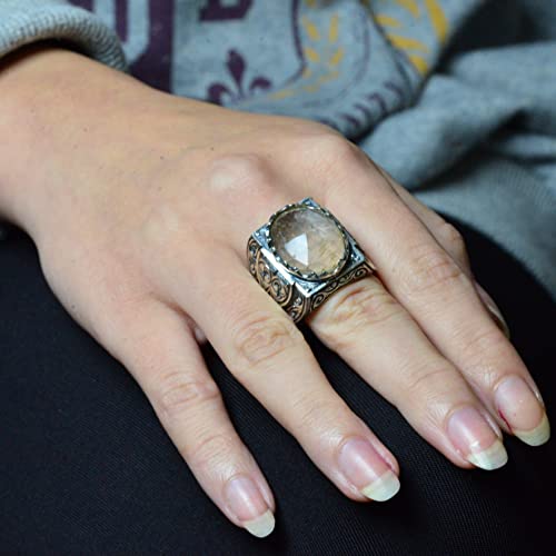 KAMBO Handmade Vintage Men's Ring with Natural Rutilated Quartz Gemstone, Intricate King-Inspired Engraved Design, 925 S