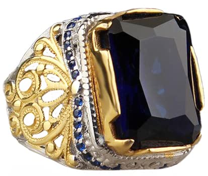 Handmade 925 Sterling Silver Men's Ring with Blue Zircon Stone, Rodium Plated Vintage Design, Unique Handmade Jewelry