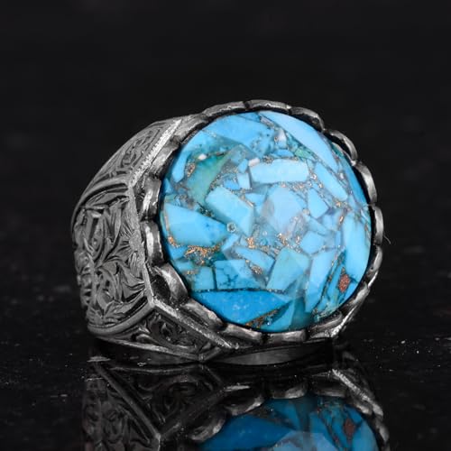 KAMBO Handmade 925 Sterling Silver Men's Ring with Genuine Natural Turquoise Stone, Ornate Vintage Design, Modern Statem