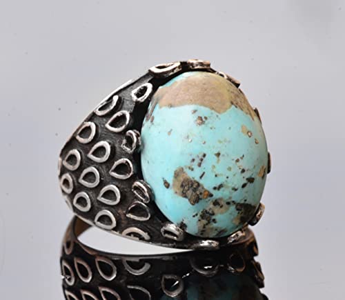 Genuine Real Arizona Turquoise Gemstone Ring, 17.00 Carat, Solid Sterling Silver Men's Turquoise Ring