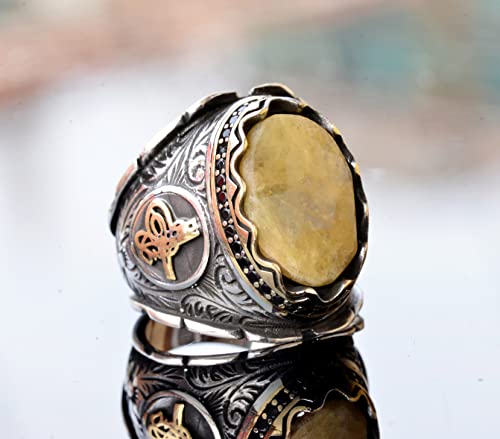 KAMBO Handcrafted Men's Ring with Genuine Yellow Sapphire - Intricate 925 Sterling Silver Ottoman Seal Signet Design - U