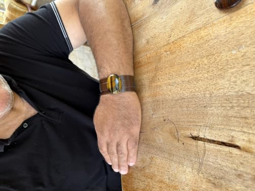 KAMBO Natural Tiger Eye Genuine Leather Cuff Bracelet for Men, Stone in 925 Sterling Silver Frame, Handmade Wide Wristba