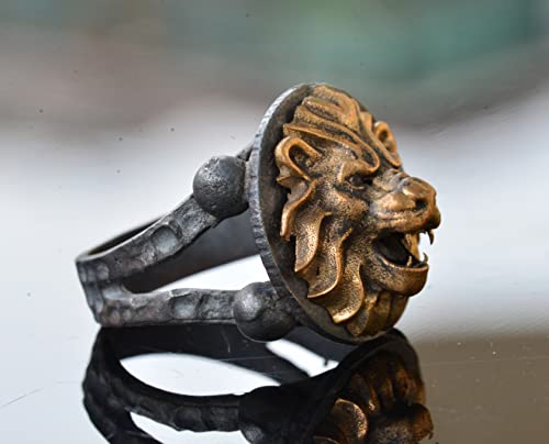 Lion Bronze Piece Men's Statement Ring, Sterling Silver Ring For Men, Handmade Ring