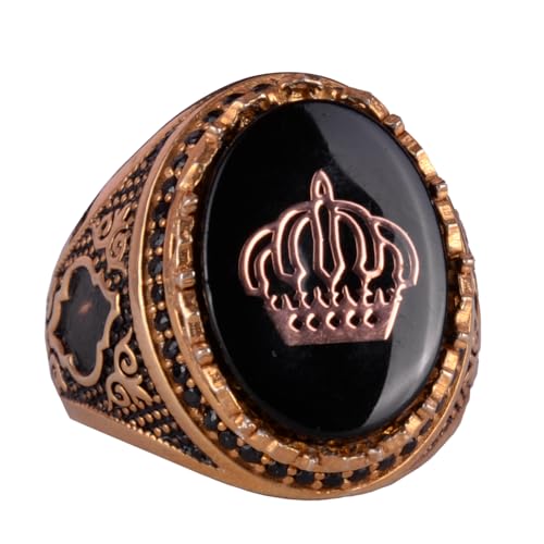 KAMBO Handmade Men's Crown Ring with Created Pearl, 925 Sterling Silver and Gold Plating, Vintage Flag Design, Statement