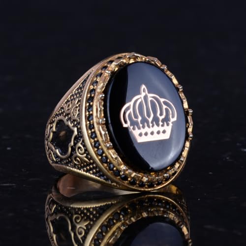 KAMBO Handmade Men's Crown Ring with Created Pearl, 925 Sterling Silver and Gold Plating, Vintage Flag Design, Statement