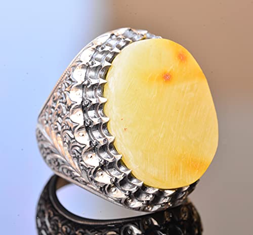 KAMBO Handmade Natural Amber Men's Ring in 925 Sterling Silver | Bold Gemstone Statement Jewelry | Vintage Inspired Desi