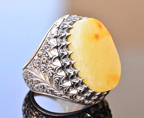 KAMBO Handmade Natural Amber Men's Ring in 925 Sterling Silver | Bold Gemstone Statement Jewelry | Vintage Inspired Desi