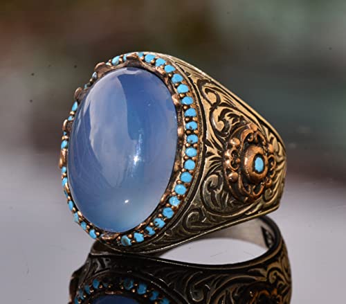 KAMBO Handmade Men's Sterling Silver Ring with Real Natural Chalcedony Gemstone, 11.40 Carat, Vintage Statement Cocktail