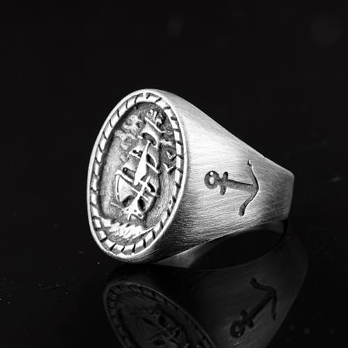 KAMBO Handmade Viking Pirate Sailing Ship Signet Ring for Men, 925 Sterling Silver Adjustable Anchor Design, Minimalist 