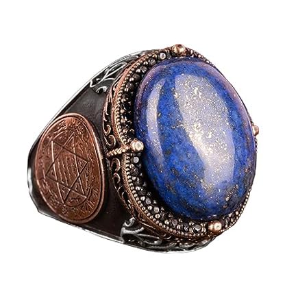 Natural Lapis Lazuli Stone Seal of Solomon Ring - 925 Sterling Solid Silver Men's Ring - Wisdom and Truth Design