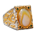 Natural Mother of Pearl Stone Men's Ring, Handmade Gold Carving Design, 925 Sterling Silver Ring