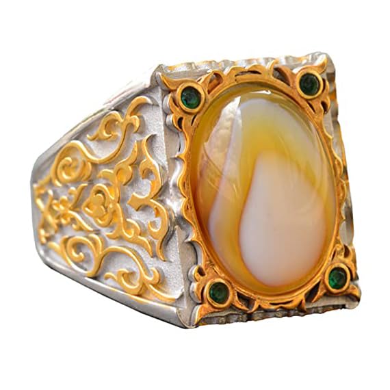 Natural Mother of Pearl Stone Men's Ring, Handmade Gold Carving Design, 925 Sterling Silver Ring