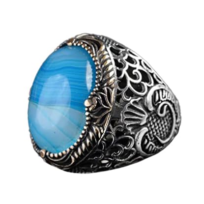 Natural Blue Tree Stone Ring, 925 Sterling Silver Handmade