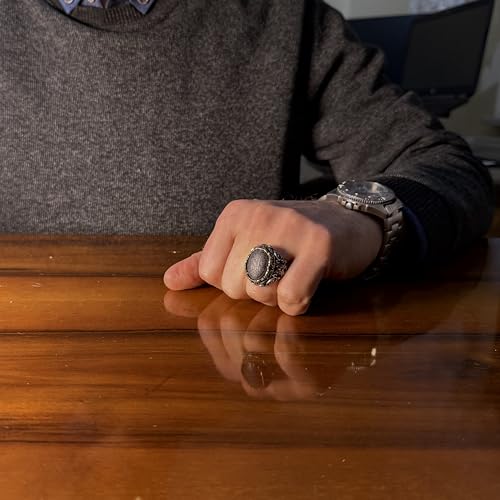 KAMBO Natural Hematite Ring for Men – Handmade 925 Sterling Silver Islamic Ring with Quranic Engraving – Ottoman Style R