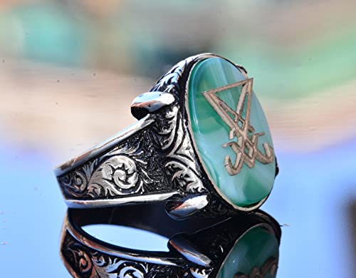Handcrafted 925 Sterling Silver Men's Ring with Satanic Symbol and Created Onyx Stone, Unique Mystical Design