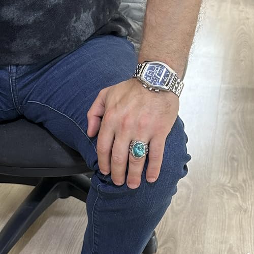 KAMBO Handmade 925 Sterling Silver Men's Chrysocolla Gemstone Ring, Minimalist Vintage Design, Solid Silver Statement Ba