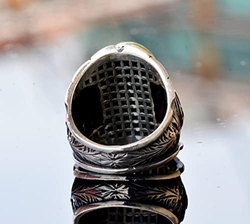KAMBO Handcrafted 925 Sterling Silver Men's Ring with Genuine Arizona Turquoise - Intricate Ottoman Sign Design - Unique