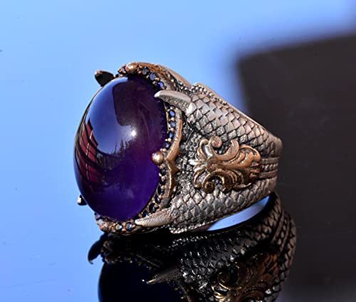 KAMBO Handmade Sterling Silver Men's Amethyst Ring 925 Vintage Eagle Claw Gemstone Statement Band Jewelry