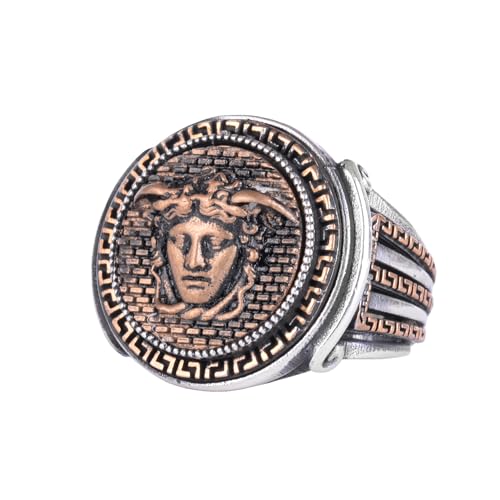KAMBO Handmade Vintage Medusa Head Ring for Men – 925 Sterling Silver Gothic Statement Jewelry with Bronze Details, Symb