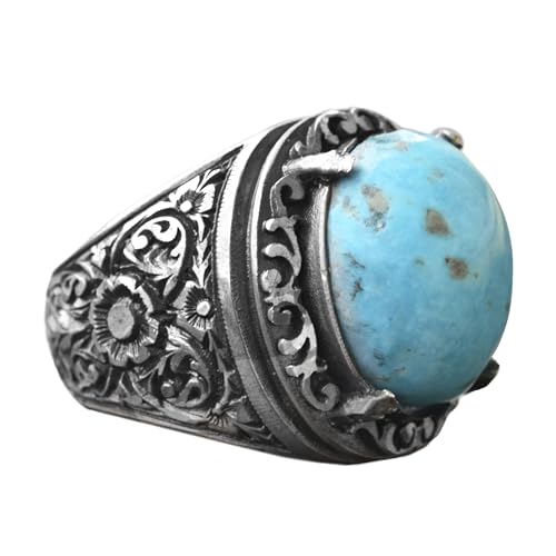 KAMBO Handmade Men's Ring with Natural Turquoise Stone in 925 Sterling Silver, Vintage Style-1 Design, Statement Jewelry