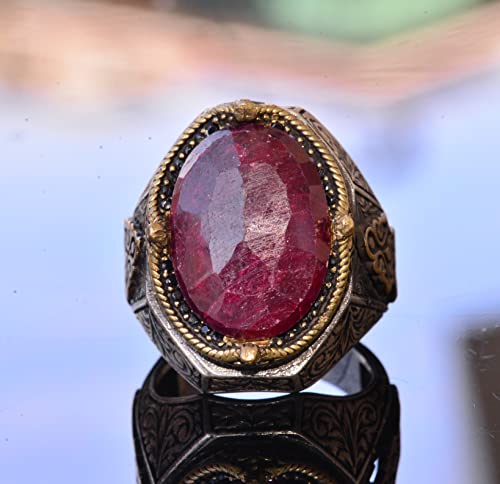 KAMBO Handmade Vintage Ruby Ring for Men - 925 Sterling Silver Statement Gemstone Ring with Gold Accents, Classic Design