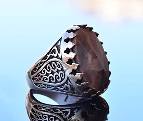 KAMBO Handmade 925 Sterling Silver Men's Ring with Genuine Natural Sapphire Oval Gemstone, Art Deco Vintage Statement De