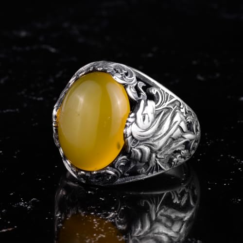 KAMBO Natural Yellow Agate Gemstone Men Ring 925 Sterling Silver - Big Floral Engraved Statement - Handmade Vintage Desi