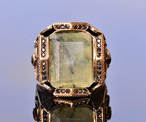 KAMBO Handmade Sterling Silver Men's Ring with Genuine Prehnite Gemstone, King Style Band, Vintage Statement Jewelry, 92